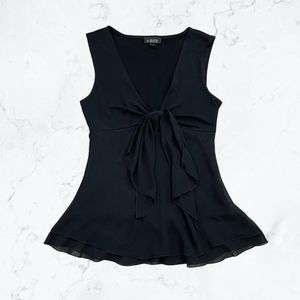 A. Byer Black Deep V Bow Tie Front Layered Chiffon Mesh Tank Top